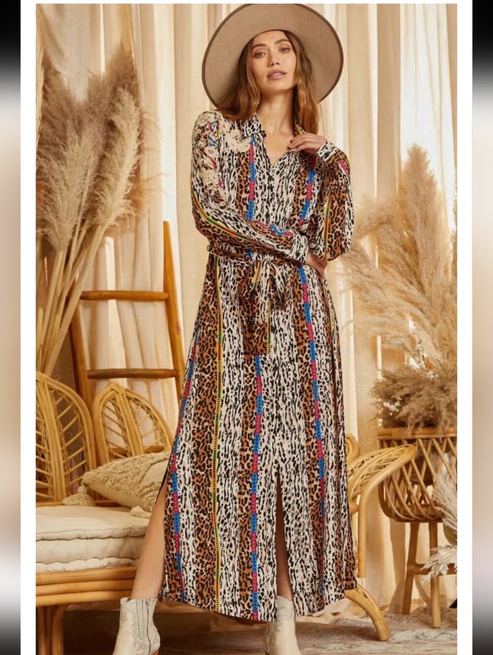 Savanna Jane Leopard Print Mixed Neutral Maxi Dress with Blue Accent Plus 2X